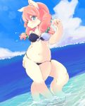  2018 4_fingers anthro bikini black_nose blue_eyes canine chest_tuft clothing dutch_angle female front_view full-length_portrait fur hair hair_tie kemono long_hair looking_at_viewer mammal navel outside partially_submerged portrait seaside solo standing swimsuit tan_fur tosoutoryou tuft water 