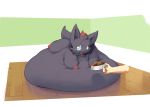  2018 ambiguous_gender belly big_belly blush bowl cute_fangs disembodied_hand dog_food feral food food_bowl hyper hyper_belly inside lying morbidly_obese nintendo obese on_front open_mouth overweight pok&eacute;mon pok&eacute;mon_(species) veiukket video_games zorua 