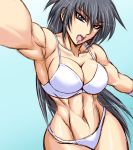  1girl bikini black_hair blue_eyes long_hair muscle original shimamoto_utako solo swimsuit tagme taroimo_(00120014) white_bikini 