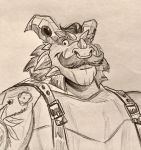  anthro clothing dragon facial_hair facial_piercing frill gavin gavin_(spyro) looking_at_viewer male mustache nose_piercing nose_ring one_eye_closed piercing polartoons scalie smile solo spyro_the_dragon tattoo traditional_media_(artwork) video_games wink 