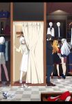  1boy 4girls admiral_hipper_(azur_lane) antenna_hair azur_lane black_hair blonde_hair blue_eyes blue_footwear brown_footwear clothes_hanger commander_(azur_lane) crossed_arms curtains dated denim denim_shorts dressing_room earrings hair_between_eyes hair_ribbon hand_on_hip high_heels highres jeans jewelry karlsruhe_(azur_lane) long_hair mugino_kouji multiple_girls open_mouth pants ponytail prinz_eugen_(azur_lane) red_eyes red_footwear red_ribbon ribbon scrunchie shoes_removed shorts sunglasses tirpitz_(azur_lane) two_side_up watermark white_footwear white_hair white_legwear 