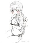  blush breasts cleavage closed_mouth commentary_request curly_hair dragon_quest dragon_quest_ii emblem hat hood hood_up kichijou_agata long_hair looking_at_viewer monochrome navel princess princess_of_moonbrook robe solo swimsuit 