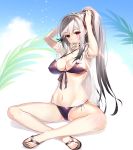  arms_up azur_lane bangs bikini black_footwear blue_sky breasts brown_hair cleavage cloud commentary_request covered_nipples crossed_ankles day doughnut dunkerque_(azur_lane) eyebrows_visible_through_hair flower food food_in_mouth hair_between_eyes high_ponytail highres large_breasts long_hair mouth_hold outdoors ponytail purple_bikini red_eyes ribbon_trim sandals side-tie_bikini sidelocks sitting sky solo swimsuit toenails very_long_hair white_flower youta 