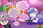  2019 aged_up bed blue_eyes clothed clothing curly_hair dialogue dragon duo english_text equine feathered_wings feathers female flurry_heart_(mlp) friendship_is_magic fur gift green_eyes hair hi_res horn lying male mammal multicolored_hair my_little_pony nintendo nintendo_switch on_front open_mouth princess purple_scales royalty scales sharp_teeth slit_pupils spike_(mlp) teeth text tongue vavacung video_games white_fur winged_unicorn wings 