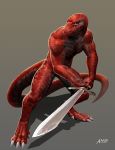  2018 amon-sydonai blue_eyes claws komodo_dragon lizard looking_at_viewer male melee_weapon monitor_lizard muscular nude red_scales reptile scales scalie solo sword weapon yagaru 
