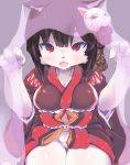  animal_ears azur_lane black_hair black_kimono blush breasts cat_ears commentary_request covered_nipples fang fox_mask furrification furry highres japanese_clothes kimono kogen large_breasts looking_at_viewer mask mask_on_head navel open_mouth paws red_eyes short_kimono sitting smile solo veil wide_sleeves yamashiro_(azur_lane) 