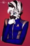  2018 anthro blue_eyes clothed clothing digital_media_(artwork) equine front_view hair hi_res male mammal neozoa officer portrait ripper_equidae science_fiction simple_background solo star_trek star_trek_discovery starfleet_insignia stripes thinking uniform zebra 