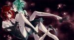  ahoge androgynous colored_eyelashes commentary_request crystal_hair elbow_gloves gem_uniform_(houseki_no_kuni) gloves green_eyes green_hair hair_between_eyes hand_on_another's_back houseki_no_kuni k22968982 long_bangs looking_at_viewer mercury multiple_others necktie phosphophyllite red_eyes red_hair shinsha_(houseki_no_kuni) short_hair sparkle suspenders 