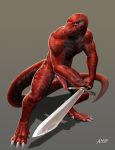  2018 amon-sydonai blue_eyes claws erection komodo_dragon lizard looking_at_viewer male melee_weapon monitor_lizard muscular nude penis red_scales reptile scales scalie solo sword weapon yagaru 
