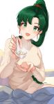  :d blush breasts dress fire_emblem fire_emblem:_rekka_no_ken fire_emblem_heroes food green_eyes green_hair high_ponytail highres incoming_food large_breasts long_hair looking_at_viewer lyndis_(fire_emblem) open_mouth ormille ponytail simple_background smile solo spoon sweater white_background 