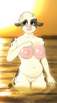 2018 anthro big_breasts biped blue_eyes bovine breasts buffbumblebee_(artist) cattle clothed clothing digital_drawing_(artwork) digital_media_(artwork) eyebrows eyelashes female front_view fur hair hi_res horn huge_breasts mammal multicolored_fur nipples nude outside pussy sea seaside short_hair sky smile solo standing sunset two_tone_fur water white_fur 