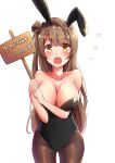  10s 1girl animal_ears blush breasts brown_eyes bunny_ears bunnysuit cleavage covered_navel english_text eyebrows_visible_through_hair flying_sweatdrops grey_hair holding holding_sign large_breasts long_hair looking_at_viewer love_live! love_live!_school_idol_project minami_kotori mistynight open_mouth sign simple_background solo standing sweat sweatdrop white_background 