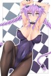  alternate_costume animal_ears armpits arms_up blue_eyes blush braid breasts bunny_day bunny_ears bunnysuit checkered checkered_background covered_navel cuffs detached_collar dura hair_between_eyes hair_ribbon handcuffs highres large_breasts long_hair looking_at_viewer neptune_(series) pantyhose power_symbol purple_hair purple_heart ribbon skin_tight smile solo symbol-shaped_pupils twin_braids twintails very_long_hair wrist_cuffs 