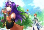  1girl ahoge bare_shoulders blue_hair brown_hair cyaca_ab fire_emblem fire_emblem:_souen_no_kiseki flower gloves green_eyes hairband headband holding long_hair looking_at_viewer purple_hair rhys smile wayu_(fire_emblem) white_hairband 