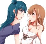  10s 2girls blue_hair blush breasts brown_eyes brown_hair cleavage eyebrows_visible_through_hair hair_bun kunikida_hanamaru large_breasts long_hair looking_at_another looking_at_viewer love_live! love_live!_sunshine!! mistynight multiple_girls off_shoulder open_mouth purple_eyes simple_background smile tsushima_yoshiko white_background 