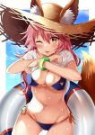  animal_ear_fluff animal_ears ass_visible_through_thighs bangs bikini bikini_under_clothes blue_bikini blush breasts cameltoe cleavage closed_mouth collarbone commentary_request cowboy_shot ears_through_headwear eyebrows_visible_through_hair fate/grand_order fate_(series) fox_ears fox_tail hair_between_eyes harimoji hat innertube large_breasts leaning_forward lifted_by_self long_hair looking_at_viewer navel one_eye_closed outline outside_border pink_hair shirt shirt_lift side-tie_bikini solo standing straw_hat sun_hat sweat swimsuit tail tamamo_(fate)_(all) tamamo_no_mae_(fate) tamamo_no_mae_(swimsuit_lancer)_(fate) thighs tongue tongue_out wet wet_clothes wet_shirt wet_t-shirt yellow_eyes 