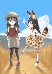  :d animal_ears backpack bag bags_under_eyes black_gloves black_hair black_legwear blue_sky boots bow bowtie cloud commentary cosplay day elbow_gloves english_commentary frankseven gloves green_eyes hat hat_feather highres kaban_(kemono_friends) kaban_(kemono_friends)_(cosplay) kemono_friends kuroki_tomoko long_hair looking_at_another multiple_girls open_mouth outdoors outline outstretched_arms pantyhose pantyhose_under_shorts print_gloves print_legwear print_neckwear print_skirt profile red_shirt satozaki_kiko savannah serval_(kemono_friends) serval_(kemono_friends)_(cosplay) serval_ears serval_print serval_tail shirt shoes short_sleeves shorts skirt sky sleeveless sleeveless_shirt smile spread_arms sweatdrop tail triangle_mouth watashi_ga_motenai_no_wa_dou_kangaetemo_omaera_ga_warui! white_hat white_outline white_shirt white_shorts 
