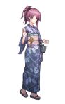  ahoge air_qh bag blue_kimono brown_eyes feather_print full_body hagikaze_(kantai_collection) highres japanese_clothes kantai_collection kimono long_hair looking_at_viewer obi ponytail print_kimono purple_hair sandals sash simple_background smile solo waving white_background yukata 