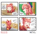  4koma :3 anger_vein animal animal_ear_fluff animal_ears baby barking comic commentary_request dog english fang fate/grand_order fate_(series) fox_ears fox_girl fox_tail hair_ribbon highres keita_naruzawa multiple_girls open_mouth paws pink_hair ponytail ribbon short_ponytail sitting speech_bubble tail tamamo_(fate)_(all) tamamo_cat_(fate) tamamo_no_mae_(fate) yellow_eyes younger 