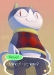  :3 ? alex_of_the_valley animal_crossing anthro cat close-up clothed clothing creepy dialogue english_text feline fur looking_at_viewer male mammal nintendo question red_eyes rover_(animal_crossing) shirt slit_pupils smile solo standing text video_games 