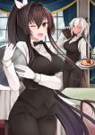  ;) ;d absurdres alternate_costume black_bow black_neckwear black_pants black_vest bow bowtie breasts brown_eyes brown_hair chair dark_skin eyebrows_visible_through_hair food glasses gloves hair_between_eyes hair_intakes highres indoors kantai_collection large_breasts long_hair long_sleeves looking_at_viewer multiple_girls musashi_(kantai_collection) one_eye_closed open_mouth pants ponytail restaurant shirt sidelocks smile standing table twintails very_long_hair vest waitress white_gloves white_hair white_shirt window yamato_(kantai_collection) yunamaro 