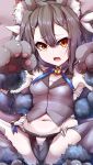  :3 :d absurdres animal_ear_fluff animal_ears armpits bad_id bad_twitter_id bangs bare_shoulders bell black_panties blue_ribbon breasts brown_hair cat_ears collarbone collared_shirt commentary eyebrows_visible_through_hair fang fate/kaleid_liner_prisma_illya fate_(series) gloves grey_shirt groin hair_between_eyes hair_ornament hair_ribbon hairclip hands_up highres jingle_bell long_hair looking_at_viewer miyu_edelfelt open_mouth orange_eyes panties paw_gloves paw_shoes paws ribbon shirt shoes sleeveless sleeveless_shirt small_breasts smile solo spread_legs twintails underwear wada_kazu white_ribbon 