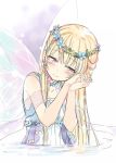  bang_dream! bangs blonde_hair blush eyebrows_visible_through_hair fairy_wings half_updo hands_clasped head_tilt head_wreath long_hair own_hands_together partially_submerged purple_eyes shirasagi_chisato smile sohu solo wings 