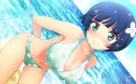  aqua_bikini aqua_eyes bangs bare_shoulders beach bikini blue_hair blush breasts cleavage closed_mouth collarbone dark_blue_hair day dutch_angle furrowed_eyebrows hair_ornament kayama_kenji large_breasts navel senran_kagura short_hair smile solo sparkle swimsuit water wet yozakura_(senran_kagura) 