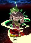  abs aura black_background boots broly_(dragon_ball_super) clenched_hands cloud cloudy_sky commentary copyright_name dated dragon_ball dragon_ball_super dragon_ball_super_broly electricity evil_grin evil_smile fire frown full_body green_hair grin highres leggings limadao male_focus molten_rock muscle night nipples no_pupils outdoors purple_legwear rock scar shaded_face shirtless short_hair simple_background sky smile sparkle spiked_hair standing super_saiyan teeth watermark web_address white_footwear wristband 