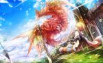  bahamut_lagoon blonde_hair blue_sky bracer byuu cape cloud commentary_request day dragon grass highres house leaf looking_at_another male_focus outdoors planted_sword planted_weapon red_cape salamando sitting sky solo sword touka_(jue) weapon wind 