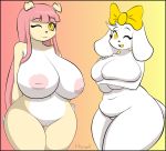  2018 anthro areola belly big_breasts breasts canine digital_media_(artwork) dog duo female fur gradient_background hair honwell huge_breasts inverted_nipples long_hair looking_at_viewer lucille_lilac mammal nipples one_eye_closed pink_hair pussy ribbons signature simple_background slightly_chubby smile standing thick_thighs voluptuous white_fur wide_hips wink yellow_eyes yellow_fur 