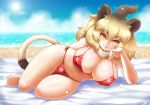  :3 animal_ears arm_behind_back arm_support bangs barefoot beach bikini breasts brown_eyes brown_hair cleavage closed_mouth commentary curvy day detached_collar eyebrows_visible_through_hair fingernails full_body fur_collar hair_between_eyes hand_on_own_cheek head_rest hips huge_breasts kemono_friends kittan_(cve27426) light_brown_hair lion_(kemono_friends) lion_ears lion_tail long_hair looking_at_viewer lying multicolored_hair navel ocean on_side outdoors plaid plaid_bikini plaid_swimsuit red_bikini red_swimsuit sand side-tie_bikini side-tie_bottom skindentation sky smile solo sparkle stomach sun swimsuit tail toes two-tone_hair water 