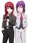  alternate_hairstyle aqua_eyes arm_on_shoulder bang_dream! bangs belt black_gloves braid dress_shirt eyepatch formal gloves hand_on_hip long_hair looking_at_viewer multiple_girls necktie one_eye_closed ponytail purple_hair red_eyes red_hair seta_kaoru shirt simple_background smile suit udagawa_tomoe un403lucky white_background 