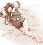  animal_ears barefoot bed_sheet between_legs bottomless brown_hair closed_eyes commentary dated eyebrows_visible_through_hair fang holo hug kazaguruma long_hair long_sleeves lying on_side open_mouth pillow revision signature sleeping solo spice_and_wolf tail tail_between_legs tail_hug twitter_username wolf_ears wolf_tail 