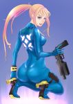  ass back bangs blonde_hair blue_bodysuit blue_eyes bodysuit breasts commentary_request covered_nipples eyelashes from_behind full_body gun half-closed_eyes hand_up handgun high_heels holding holding_weapon holster impossible_bodysuit impossible_clothes lips lipstick long_hair looking_at_viewer looking_back makeup metroid open_mouth ponytail samus_aran shimaguni_yamato skin_tight smile solo squatting thigh_holster upper_teeth very_long_hair weapon zero_suit 