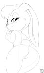  2018 anthro big_ears black_and_white butt clothing female floppy_ears gloves hair half-closed_eyes head_tuft lagomorph leaning leaning_forward lola_bunny long_ears looking_back looney_tunes low-angle_view mammal monochrome mostly_nude presenting presenting_hindquarters pussy rabbit rear_view short_tail simple_background smug solo standing warner_brothers white_background xylas 