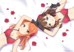  arm_up bangs bare_shoulders bed_sheet black_gloves blue_eyes blush bra breasts brown_eyes brown_hair cleavage collarbone commentary_request dutch_angle eyebrows_visible_through_hair flower gloves holding_hands houjou_karen idolmaster idolmaster_cinderella_girls idolmaster_cinderella_girls_starlight_stage kaiware-san long_hair lying medium_breasts multiple_girls on_back orange_hair parted_lips petals red_bra red_flower red_rose rose rose_petals sakuma_mayu small_breasts smile underwear underwear_only 