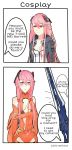 blush breasts cleavage commentary cosplay creator_connection english girls_frontline guilty_crown hair_ornament highres jacket m82a1_(girls_frontline) pink_eyes pink_hair rzv speech_bubble void_(guilty_crown) yuzuriha_inori yuzuriha_inori_(cosplay) 