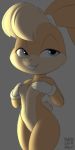  2018 anthro big_ears big_eyes blonde_hair blue_eyes breasts buckteeth clothed clothing covering covering_self female floppy_ears front_view fur gloves gradient_background grey_background hair half-closed_eyes huge_ears lagomorph lola_bunny looney_tunes mammal mostly_nude multicolored_fur orange_fur portrait rabbit short_tail simple_background small_breasts smile solo standing tan_fur tan_nose teeth three-quarter_portrait tied_ears two_tone_fur warner_brothers white_clothing wide_hips xylas 