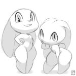  anthro big_ears big_eyes breasts buckteeth duo female floppy_ears greyscale hands_on_hips huge_ears lagomorph looking_at_viewer mammal monochrome navel nude rabbit simple_background small_breasts smile standing teeth thick_thighs white_background wide_hips xylas 