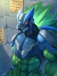 2018 abs alien anthro armor biceps bna_v5 capcom english_text fire hi_res humanoid machine male mega_man_(series) mega_man_star_force muscular muscular_male omega-xis pecs poster public red_eyes robot scalie sharp_teeth solo tagme teeth text video_games 