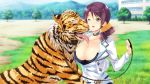  animal baka_moe_heart_ni_ai_wo_komete! building ebihara_honoka green_eyes mizuki_makoto praline purple_hair short_hair tiger tree wink 
