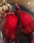  ass blonde_hair bodysuit boots cat_tail catsuit commentary english_commentary fake_tail from_behind full-length_zipper gloves horns limgae long_hair persona persona_5 pink_gloves red_bodysuit shiny shiny_clothes solo star tail takamaki_anne thigh_boots thighhighs tile_floor tiles top-down_bottom-up twintails unconscious zipper 