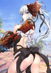  absurdres arched_back armor ass back back_bow backless_outfit bare_back black_bow blue_eyes bow breastless_clothes breasts breasts_outside butt_crack day from_side gauntlets graphite_(medium) grey_hair high_ponytail highres hip_vent kizuki_aruchu long_hair long_sleeves looking_at_viewer marker_(medium) mask mask_on_head medium_breasts monster_hunter monster_hunter:_world nipples odogaron_(armor) outdoors parted_lips ponytail shoulder_armor shoulder_blades sidelocks sideways_glance solo spaulders standing traditional_media twisted_torso upper_body 