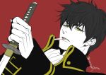  black_hair cigarette commentary_request cravat flat_color formal frown gintama higashiyama_kazuko hijikata_toushirou holding holding_sword holding_weapon katana looking_at_viewer male_focus mouth_hold short_hair solo spot_color sword uniform weapon yellow_eyes 