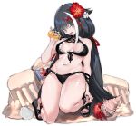  azur_lane bangs bikini black_bikini black_hair blue_eyes breasts deutschland_(azur_lane) flower hair_flower hair_ornament hermit_crab long_hair looking_at_viewer lotion medium_breasts multicolored_hair nail_polish naughty_face navel official_art open_mouth ran_(pixiv2957827) red_hair sand_castle sand_sculpture sandals seashell shell shiny shiny_skin smug starfish streaked_hair swimsuit thick_thighs thighs transparent_background 