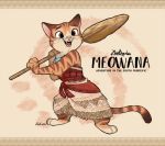  brown_background brown_eyes cat character_name commentary_request company_connection copyright_name disney dress fangs furrification happy holding holding_oar moana_(movie) moana_waialiki no_humans oar pun shiroyama_rikuta smile solo standing zootopia 