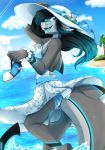  2018 5_fingers anthro black_hair black_markings blue_eyes blue_hair blue_markings blue_tongue butt_pose clothed clothing cloud day detailed_background digital_media_(artwork) dorsal_fin dress female fin fish fully_clothed gradient_hair grey_body grey_skin hair hat holding_object jewelry long_hair marine markings multicolored_body multicolored_hair necklace open_mouth outside panties panty_shot partially_submerged rainbowscreen raised_dress shark sharp_teeth sky smile solo standing striped_panties sundress sunhat teeth underwear upskirt water wind_lift xeya 