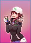  1girl alternate_hairstyle artist_name baseball_cap bodysuit breasts brown_eyes brown_hair can d.va_(overwatch) dirty_face gloves hair_bun hat headphones headphones_around_neck hentyrock highres image_sample jacket lipstick makeup medium_breasts overwatch pink_background ribbed_bodysuit shooting_star_d.va signature soda_can solo twitter_sample w zipper 