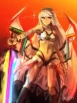  altera_(fate) armpits bangs bare_shoulders breasts choker closed_mouth commentary_request dark_skin detached_sleeves fate/extella fate/extra fate_(series) feet_out_of_frame full_body_tattoo headdress highres holding holding_weapon jewelry legs looking_at_viewer midriff navel photon_ray red_eyes revealing_clothes short_hair showgirl_skirt simple_background skirt small_breasts socks solo sword syezo-aruru tan tattoo thighs veil weapon white_hair white_skirt 